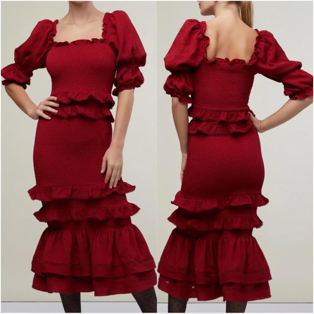 RACHEL PARCELL jaquard smocked midi dress red color size Small NWT